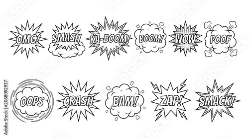 Photos Comic book sound effect set, pop art boom crash zap wow omg.