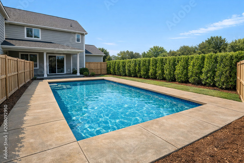 Pool surrounded by stone pavers and wooden fence with lush greenery