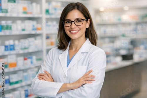 Young woman wearing eyeglasses and a lab coat.