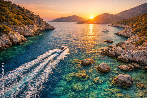 A stunning ocean view with a vibrant sunset casting long shadows and reflecting on the water's surface.
