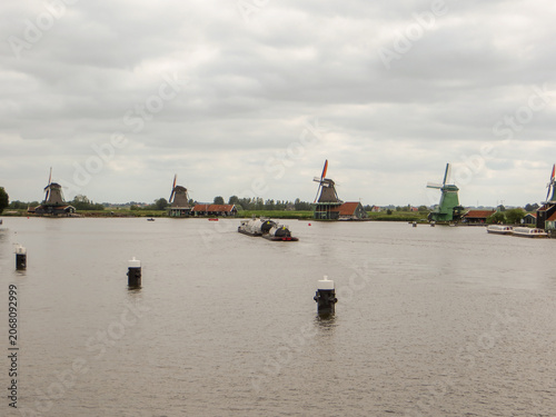 Panoramic view of windmills in Zaanse Schans, traditional village in the Netherlands.