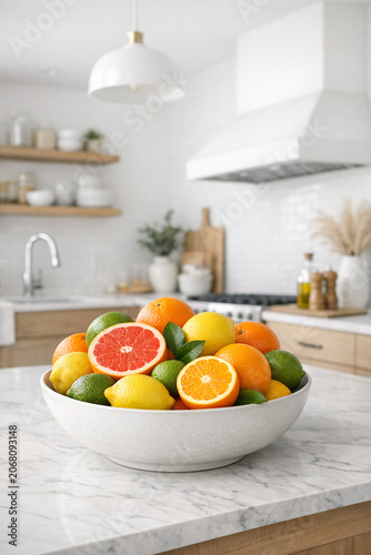 A bowl of vibrant citrus fruits sits on a kitchen counter, creating an inviting atmosphere.