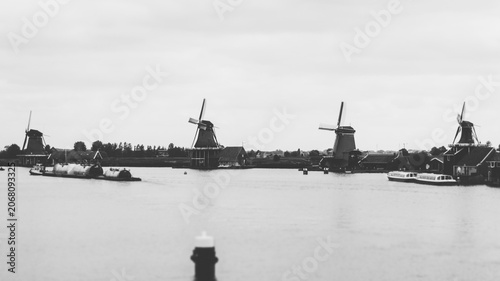 Panoramic view of windmills in Zaanse Schans, traditional village in the Netherlands.
