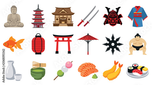 Bild auf Leinwand Japanese culture symbols and traditional food icons set.