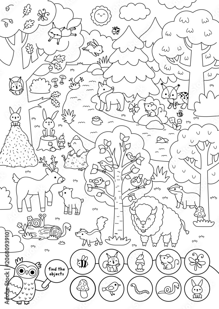 Obraz premium Vector black and white searching game with forest landscape. Spot hidden objects. Woodland line seek and find activity for kids. Wild nature worksheet, coloring page with animals, trees, deer, lynx