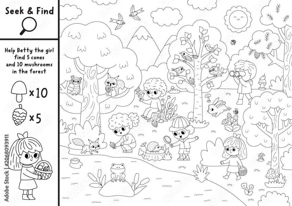 Fototapeta premium Vector black and white searching game with forest landscape. Spot hidden cone, mushroom. Woodland line seek and find activity for kids. Worksheet with curious children explorers, animals