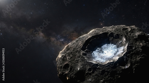 Asteroid with large impact crater and icy core visible against starry galaxy background in deep space scene