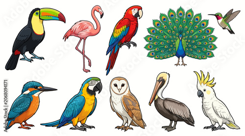 Colorful illustrations of various exotic birds including toucan, flamingo, peacock, and parrot, on white background