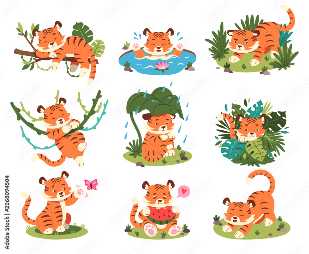 Obraz premium Tiger Cub Activity Set Woodland Cartoon