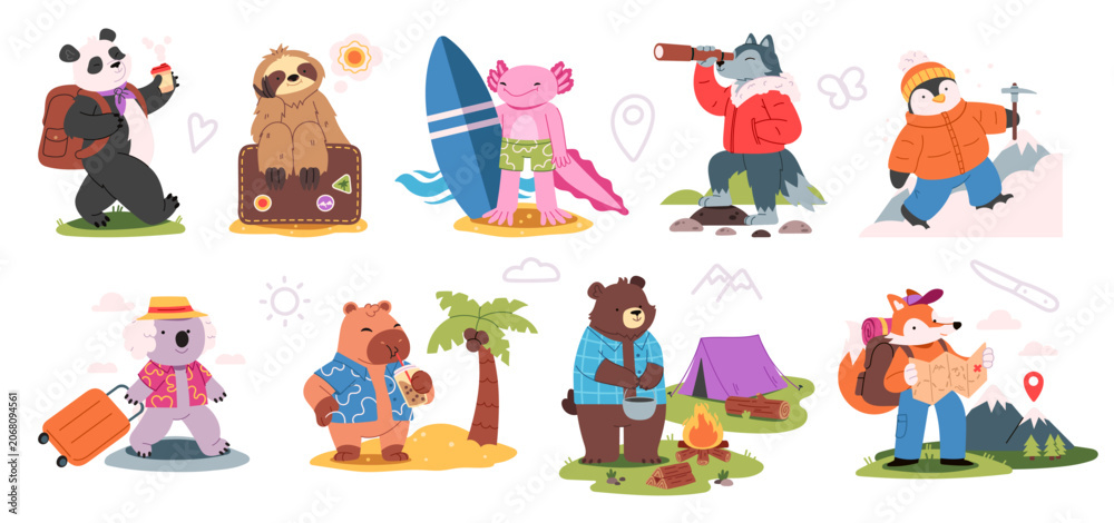 Fototapeta premium Animal Tourist Characters Travel Activities Cartoon
