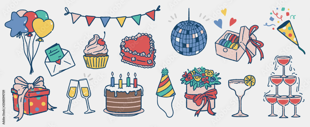 Fototapeta premium Birthday Party Elements Celebration Doodle Set
