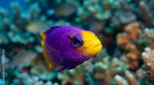 A brightly colored purple and yellow fish swims near coral reefs underwater.