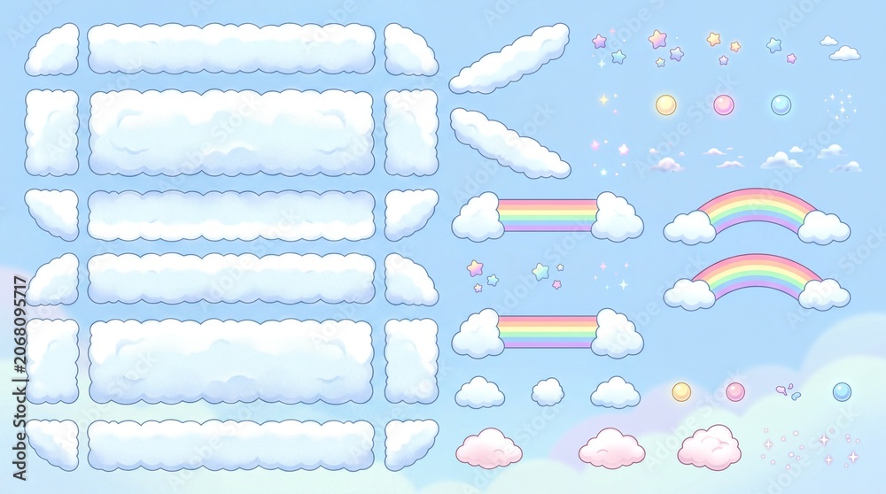 Naklejka premium fantasy game environment, dreamy pastel landscape features fluffy clouds and vibrant rainbow bridges