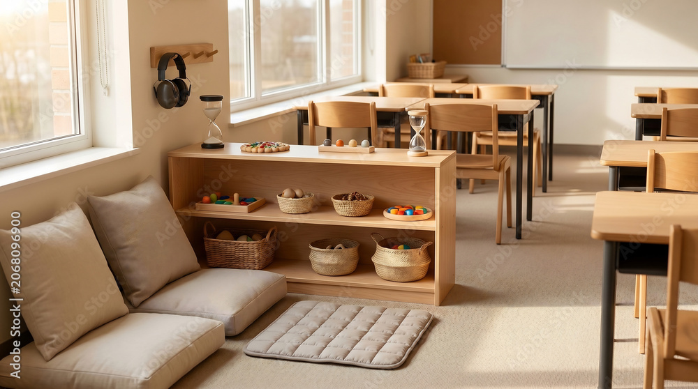 Fototapeta premium Prepared sensory classroom corner with calm learning materials