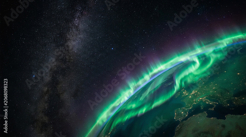 Vibrant green aurora borealis lights dance over Earths night side with visible city glow and Milky Way galaxy in deep space background