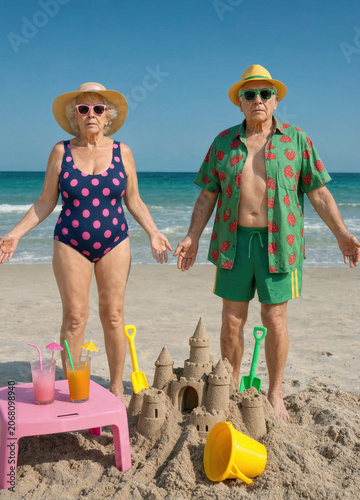 An elderly couple standing vacantly in summer outfits on the beach near a sandcastle, with a bucket and spade and the sea in the background.