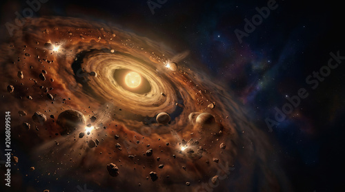 Artistic rendering of a spiral galaxy with glowing core and surrounding planets in deep space