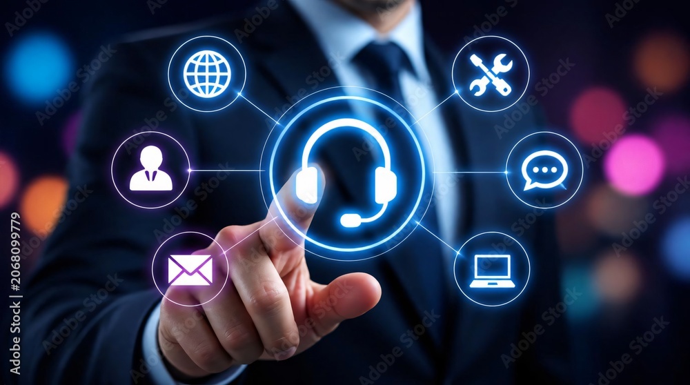 Fototapeta premium Close up businessman touching a digital headset icon, concept of online technical assistance and help desk services.