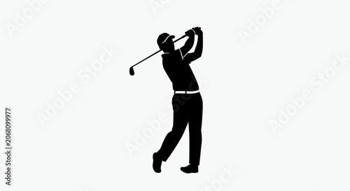 Black silhouette of male golfer taking full swing.