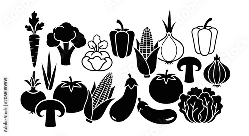 Black silhouette vegetable collection icon set.