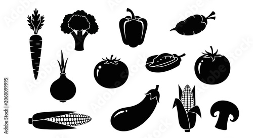 Black silhouettes of assorted fresh garden vegetables