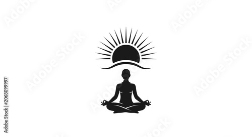 Black yoga silhouette meditating under a rising sun.