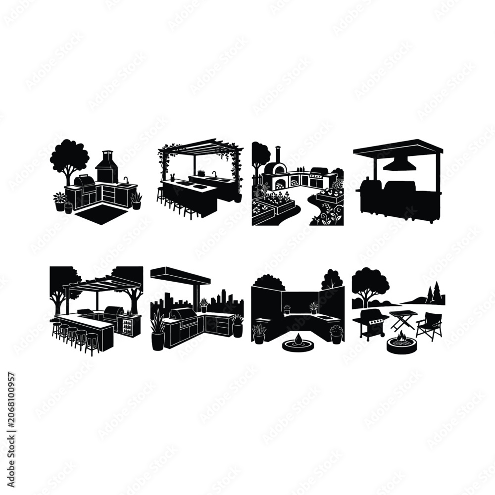 Obraz premium Comprehensive collection of outdoor kitchen and barbecue grill silhouettes, featuring various backyard patio designs for al fresco cooking and entertaining vector illustrations.