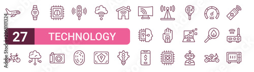 Set of 27 outline Technology icons for modern UI, landing pages and digital services. Editable stroke collection with airplane, electric bicycle, smartwatch, biometric, humanoid and robot.