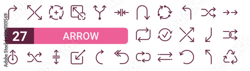 Set of 27 outline Arrow icons for modern UI, landing pages and digital services. Editable stroke collection with turn right, swipe up, exchanging, minimize, loop and return.