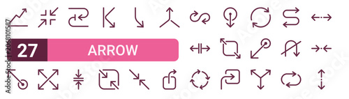 Set of 27 outline Arrow icons for modern UI, landing pages and digital services. Editable stroke collection with trend, drag up, zoom out, minimize, split and multiple arrows.