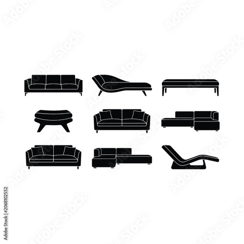 Canvastavla Vector silhouette collection of modern sofas, sectionals, couches, and chaise lo
