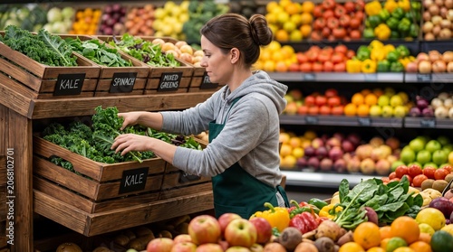Female grocery worker stocking fresh kale in wooden crates, organic produce department in a supermarket, retail employee arranging vegetables
