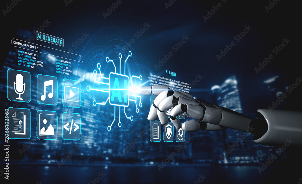 Obraz premium Futuristic Robot Hand Interacting with Artificial Intelligence Interface, Technology Concept, Digital Innovation, Automation and Data Visualizations Fluxor.
