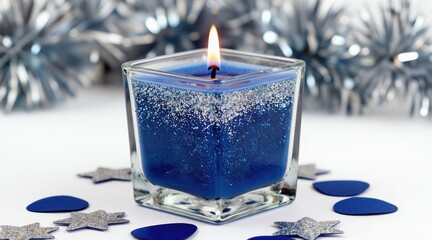 Blue square candle with silver glitter burns brightly. Festive confetti and tinsel add sparkle. Offers cozy ambience for holidays or parties.