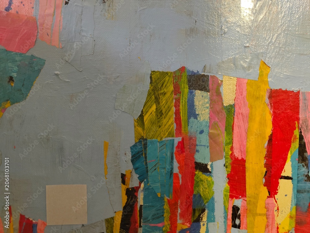 Fototapeta premium Abstract collage with colorful vertical washi tape strips against grey painted canvas