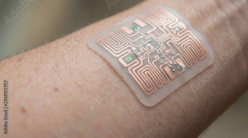 Close up of a flexible electronic circuit patch adhered to human skin on an arm or wrist for wearable technology demonstration.