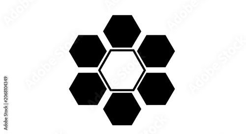 Vector illustration of hexagonal pattern with six black hexagons surrounding a central white hexagon on a transparent background