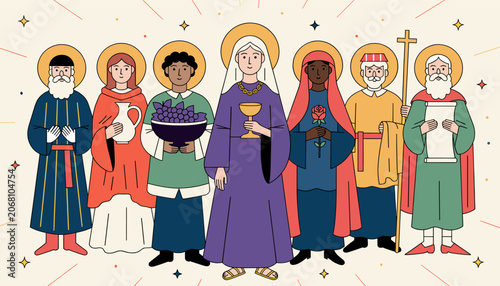Fotografie An illustration depicting a diverse group of seven religious figures or saints, each with a halo, standing together and some holding symbolic items