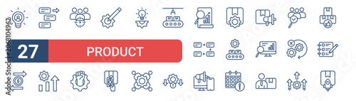 Set of 27 outline Product Management icons for modern UI, landing pages and digital services. Editable stroke collection with opportunity, cash flow, prioritize, cash on delivery, workflow and