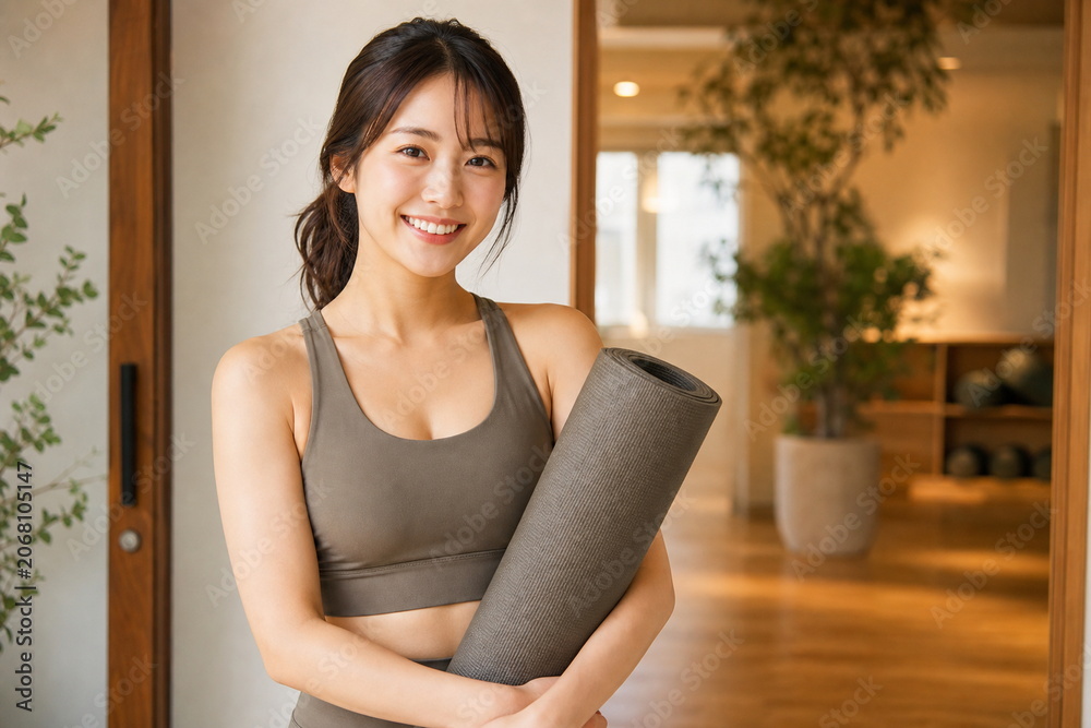 Naklejka premium ヨガマットを抱えるアースカラーの女性