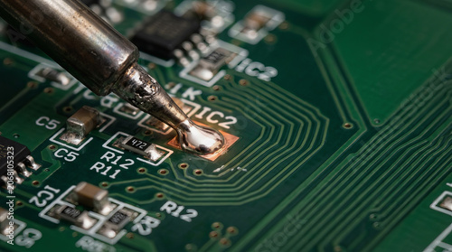 Close up of a soldering iron tip melting solder onto an electronic component on a green printed circuit board during repair work.