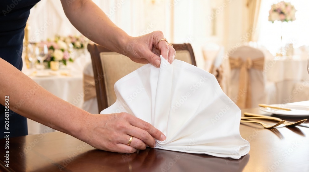 Obraz premium Waiter setting up a dining table by folding a white linen napkin in an elegant restaurant