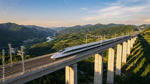 High speed train travels on elevated railway bridge over green valley with mountains in background during golden hour light