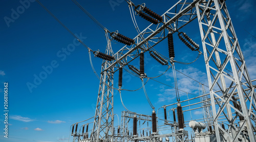 High voltage electrical transmission towers with insulators against a clear blue sky in an outdoor power substation facility.