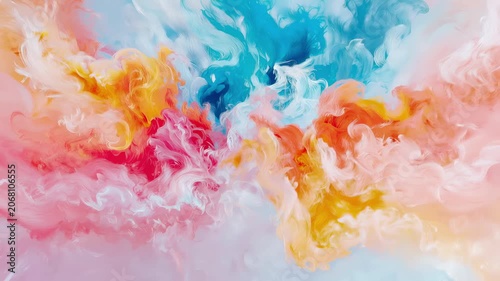 Abstract Fluid Swirls of Vibrant Liquid Ink Mixing in Water Creating Dynamic Ethereal Pattern of Pastel and Electric Pigment Clouds