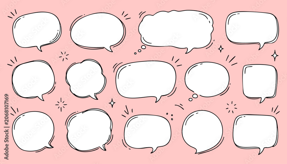 Fototapeta premium Set of handdrawn speech bubbles, comic style thought balloons, doodle talk clouds, blank message frames for text, vector illustration on pink background