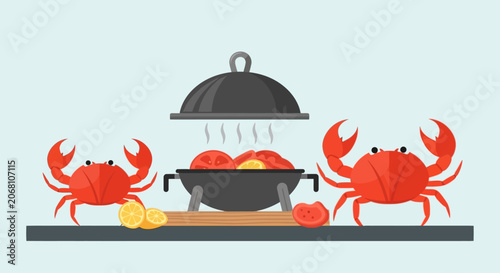 Crab feast illustration with steaming seafood and lemons.