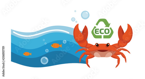 Crab with eco recycle symbol and blue waves.