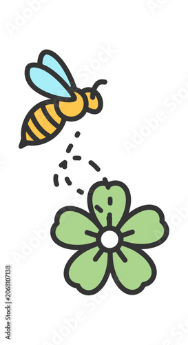 Cute bumblebee flying above green flower illustration.