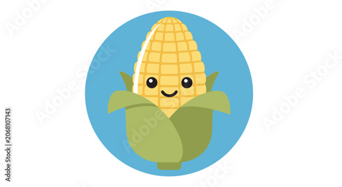Cute cartoon corn character on blue circle